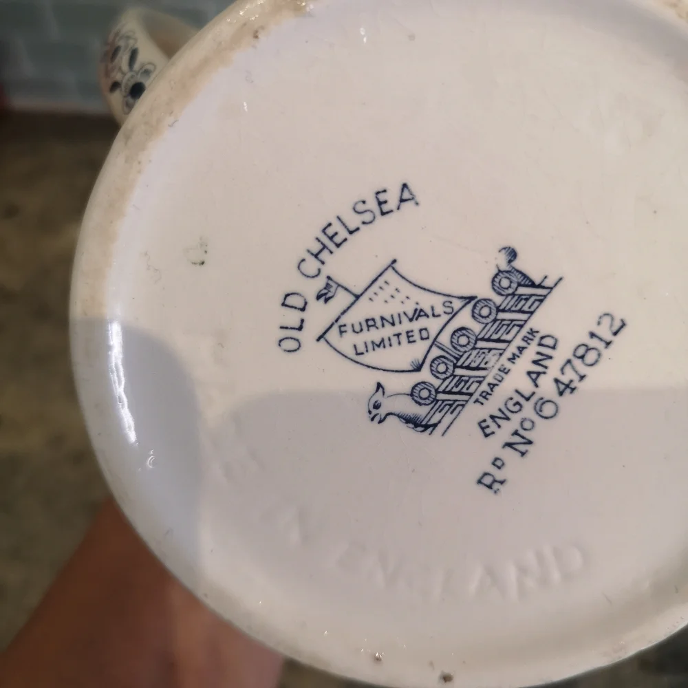 Antique 5" Old Chelsea Furnivals Blue Transferware Pitcher Made In England - Picture 7 of 9